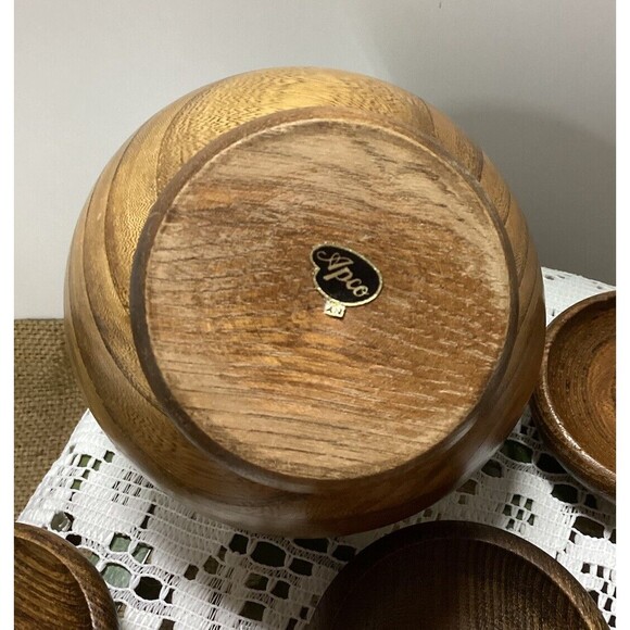 Vintage Mid Century Modern Atomic Wood Orb Sphere Serving Bowl 6 Bowls & Spoon - Picture 9 of 11